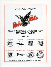Cambridge Winterhawks 1993-94 game program