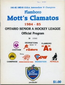 Flamboro Mott's Clamato's 1984-85 game program